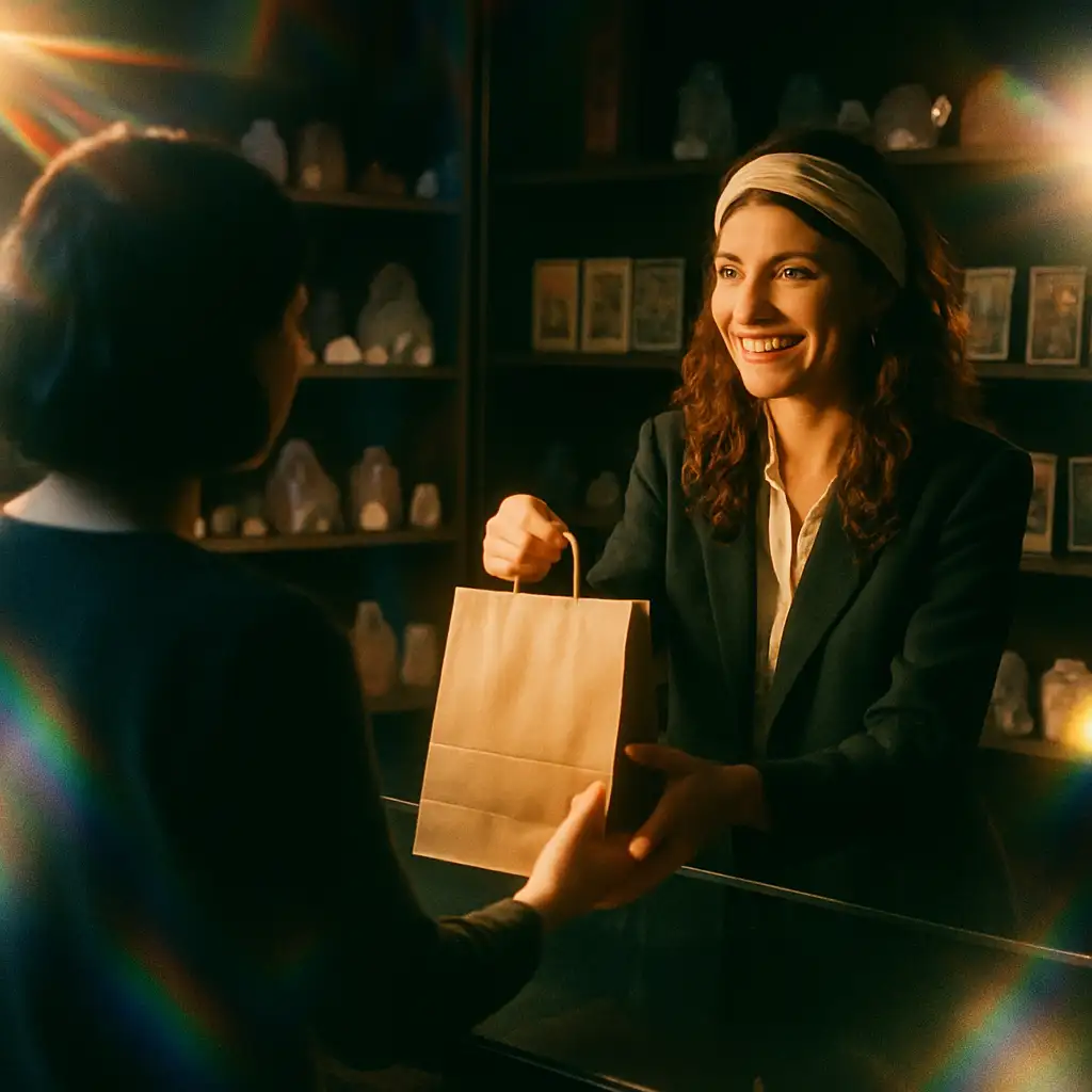 A smiling shop attendant handing a bag to a customer in a warm, atmospheric metaphysical shop.