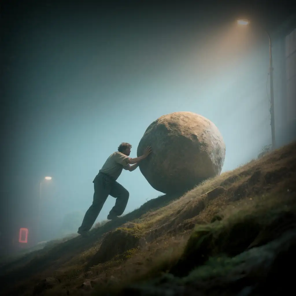A man struggling to push a massive boulder up a foggy incline at night, symbolizing the slow drift away from authenticity.